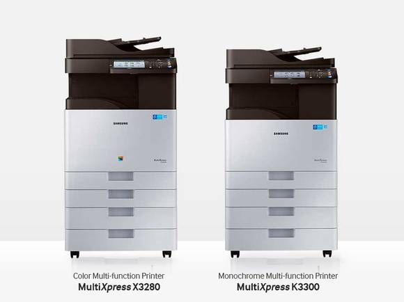삼성전자의 X3280 컬러 복합기(왼쪽)와 K3300 흑백 복합기. (사진제공=삼성전자)