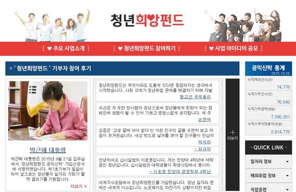 모금상황과 참여자들의 멘트가 수록된 청년희망펀드 홈페이지. (사진=청년희망펀드 홈페이지)