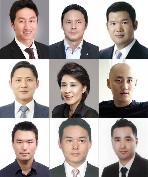 (왼쪽위부터) 정기선 현대중공업 전무, 허준홍 GS칼텍스 전무, 허윤홍 GS건설 전무, 허서홍GS에너지 상무, 정유경 신세계백화점 총괄사장, 박서원 두산 전무, 이규호 코오롱인더스트리 상무보, 허진수 SPC그룹 부사장. 박태영 하이트진로 부사장. (사진=연합뉴스)