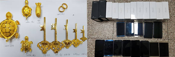 압수된 귀금속 12점과 스마트폰 25대. (사진제공=부산사하경찰서)