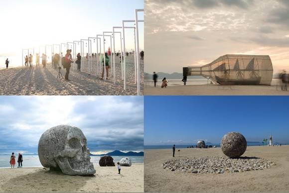 (좌측 상단부터 시계 방향으로) 디엠 터틀스톤 <언어의 유희>, 김계현 <바다를 보관하다>, 강인구 <바위, 바다를 만나다>, 권정호 <시간의 거울 4>. (사진제공=부산비엔날레)