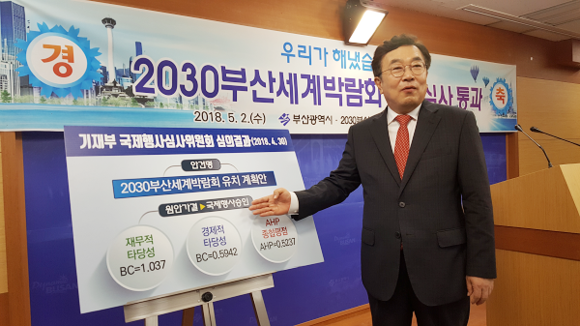서병수 부산시장이 2일 시청 기자회견장에서 '2030 부산 세계박람회'의 정부 국가사업 승인 과정에 대해 설명하고 있다. (사진=CNB 최원석 기자)