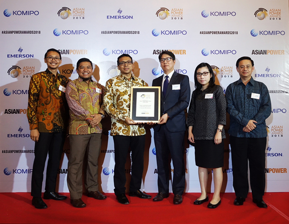 황진윤 한국동서발전 인도네시아 법인장(오른쪽에서 3번째)와 다르마(Dharma) TPI 사장(오른쪽에서 4번째)등 수상자들이 아시안 파워 어워즈 수상 후 기념 촬영을 하고 있다. (사진제공=동서발전)
