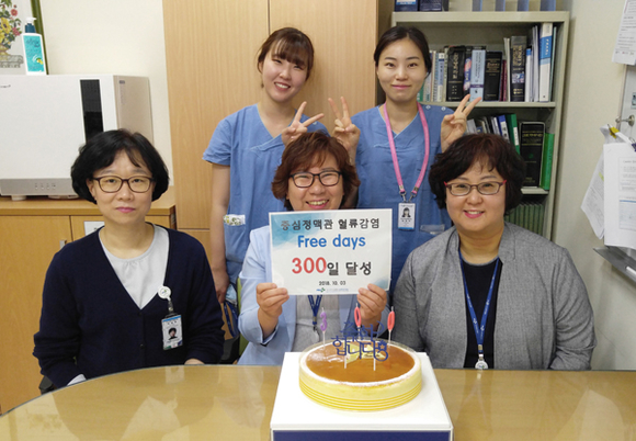 부산대병원 중환자실과 감염관리실이 중심정맥관 혈류감염 제로일수 300일 달성을 기념하고 있다. (사진제공=부산대병원)