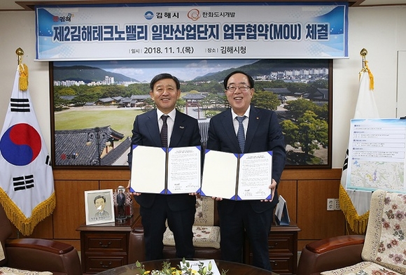 왼쪽부터 허성곤 김해시장, 최광호 한화도시개발 대표이사. (사진=김해시)